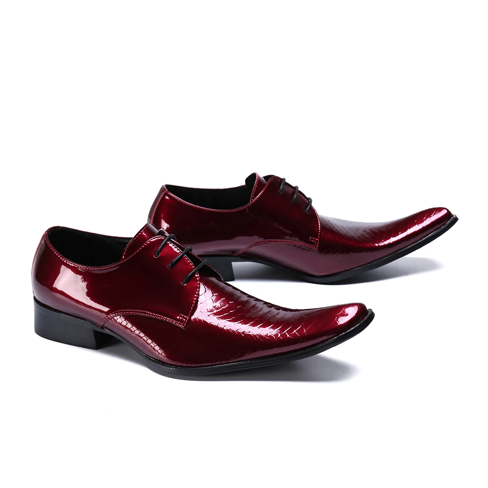 Luxury Red Lacquer Leather Pointed Toe Men Lace Up Shoes Wedding Party Banquet Shoes Elegant Business Big Size Male Formal Shoes