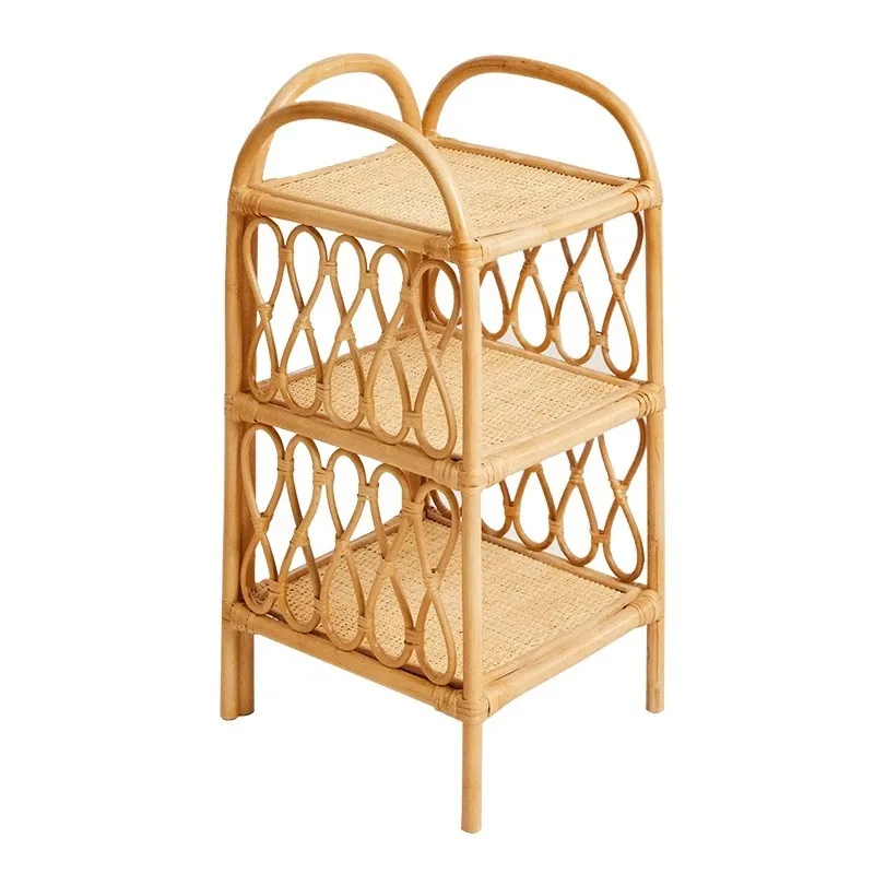 Living room rattan rack, bed and breakfast sofa side cabinet storage shelf against the wall floor three-layer rattan rack