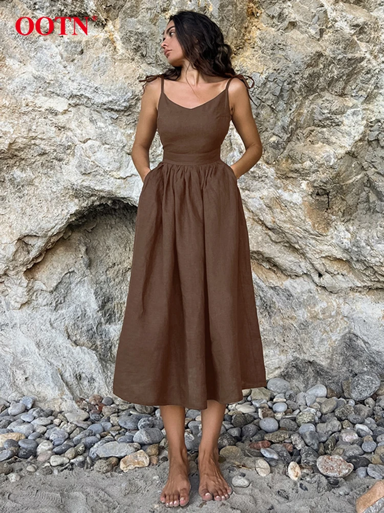 OOTN Summer Brown Linen Long Dress Women 2024 Fashion Khaki Pockets A-Line Pleated Dresses Casual Green Backless Sexy Dress Lady