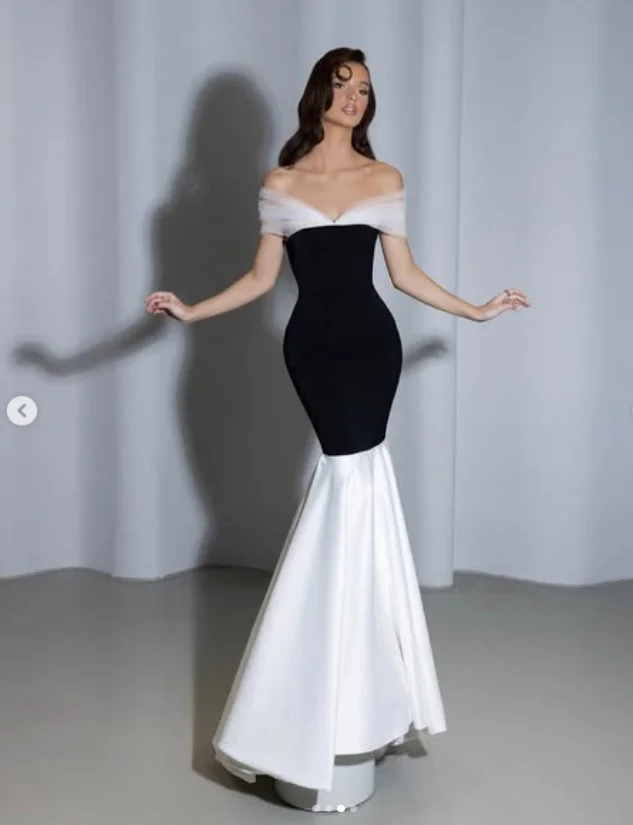 ชุดเดรสยาวสีขาวดำสไตล์ใหม่ ทรงเมอร์เมด แขนกุด คอวี ชุดราตรีงานเลี้ยง ตัดเย็บตามสั่ง ชุดราตรีงานพรอม ผ้าทูล