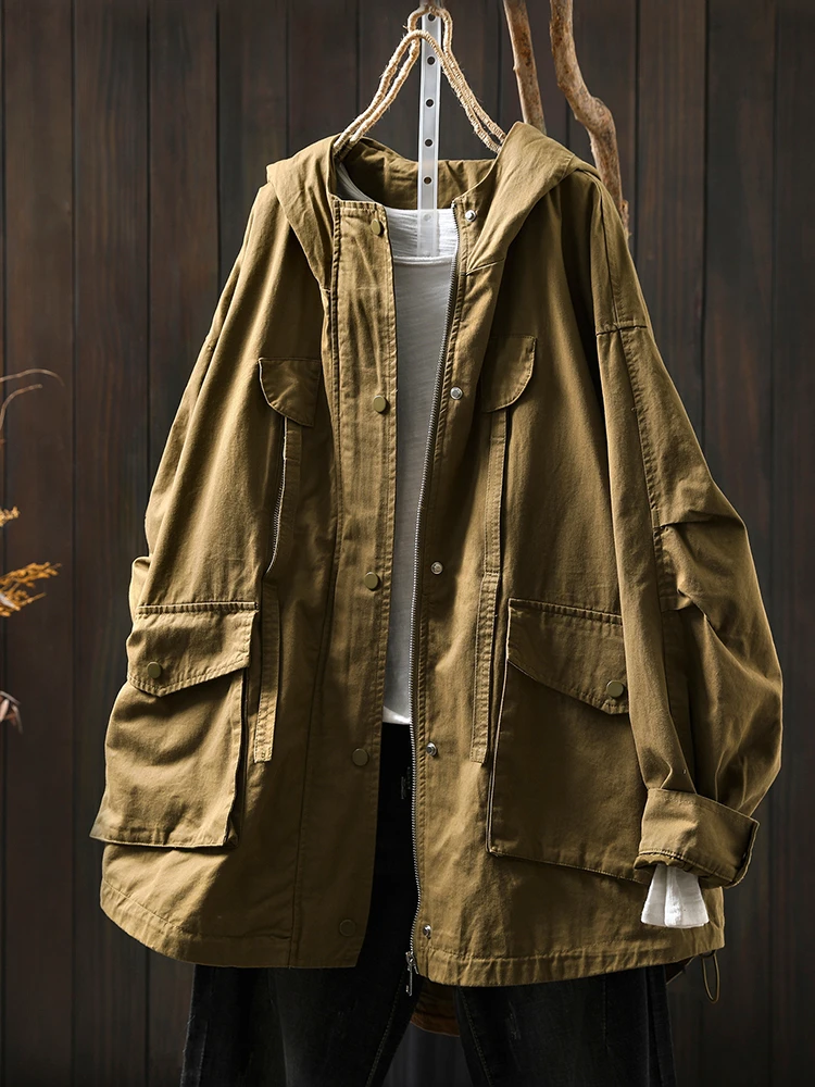 

Women Casual Trench Coats New Arrival 2025 Autumn Vintage Style Solid Color Big Pockets Loose Female Cotton Basics Jackets M1896
