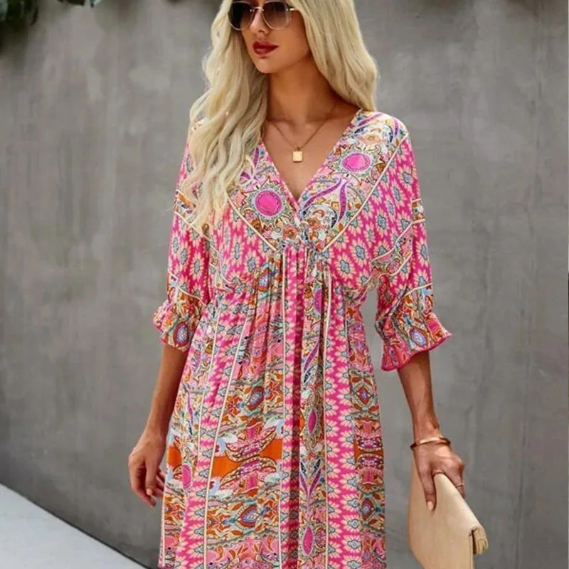 Dresses V-neck Above Knee Mini Casual Floral Empire Pullover Cotton Three Quarter Women\'s Clothing Summer Comfortable Leisure