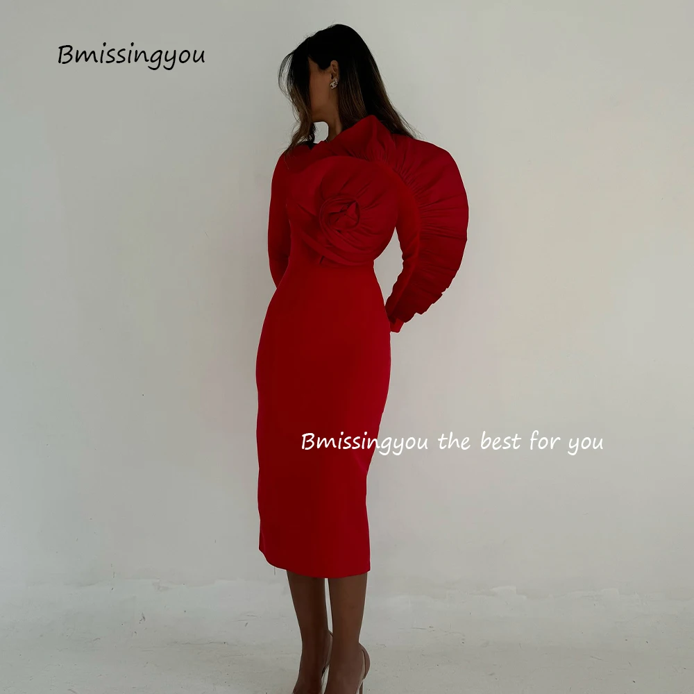 Dubai Arabic Formal Evening Dresses Red Mermaid Prom Party Dress Long Sleeve Tea Length Wedding Party Attire Customized