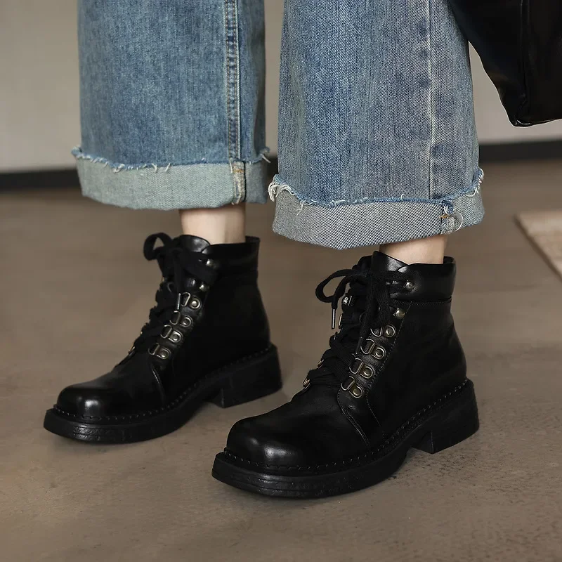 Genuine Leather Women Ankle Boots Washed Cowhide Retro Lace Up Combat Boots Mid Block Heel Square Toe Spring Winter Warm Booties