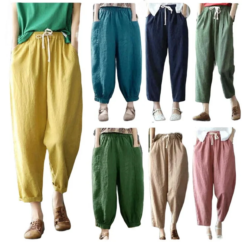 

Bloomers Pants Women Hemp Fashion Casual Elastic Waist Haren Pants Cotton Linen Loose Pants Multiple Colors