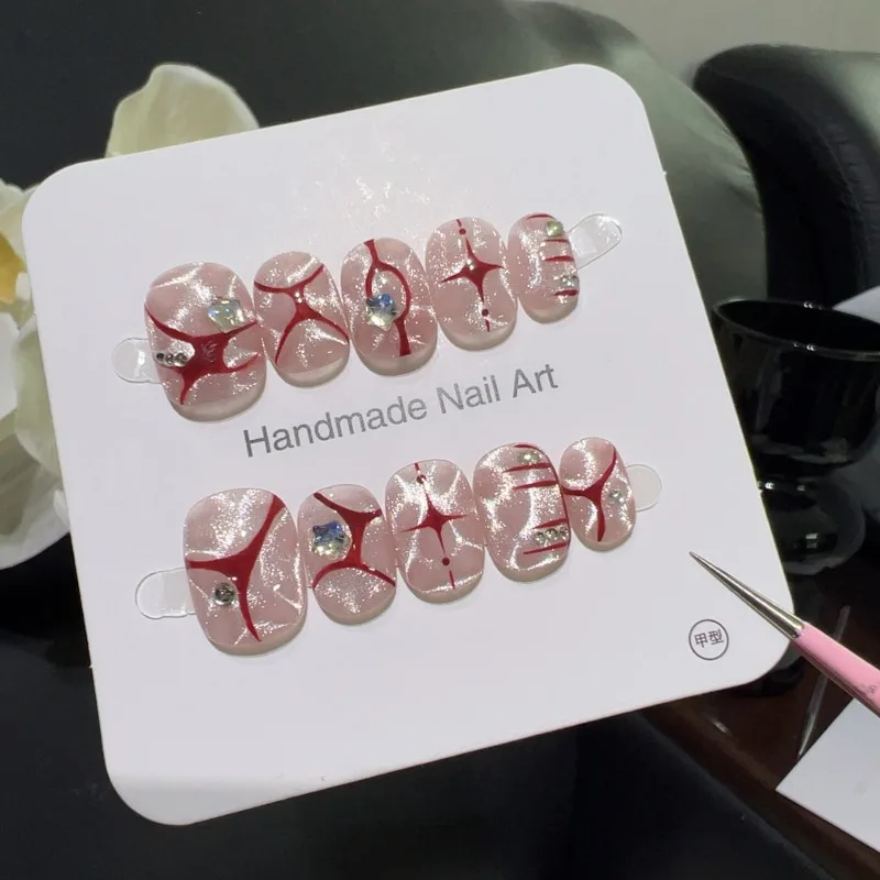 

10Pcs Handmade Pink Nail with Crimson Pink Crystal Accents Unique Red Vein Design with Press-On Nails Perfect Gift for Women