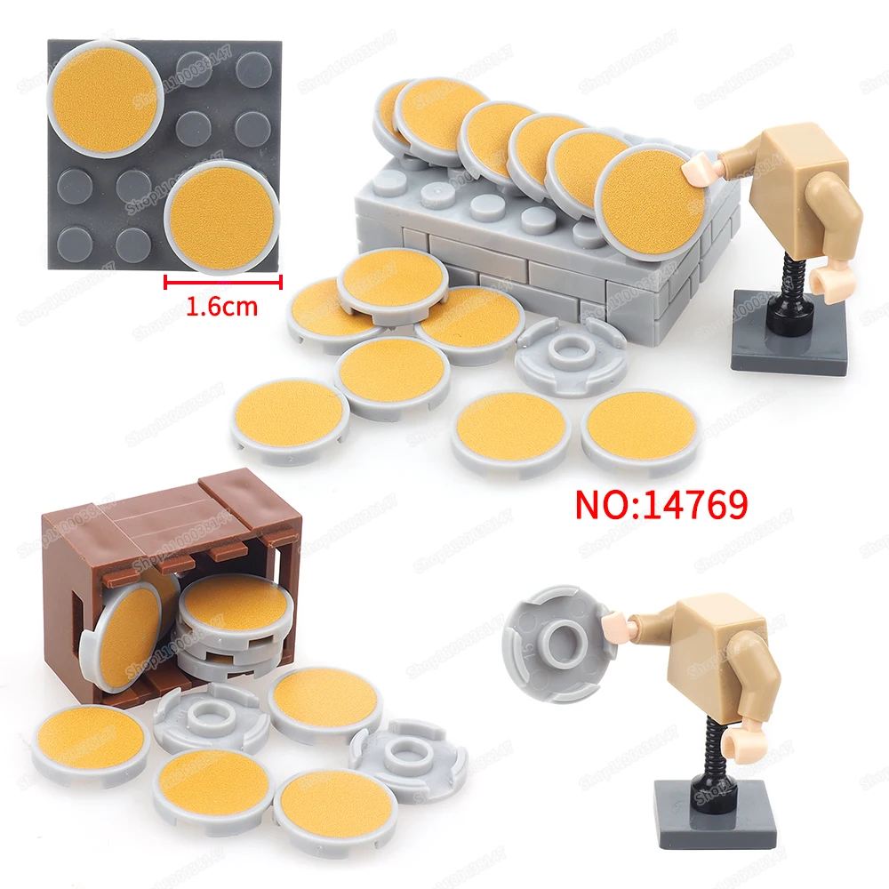 Bloco de construção com padrão de espelho dourado 14769, impresso 2x2, telhas circulares, figuras moc, equipamento de montagem, conjunto de modelo, acessórios, brinquedos de presente