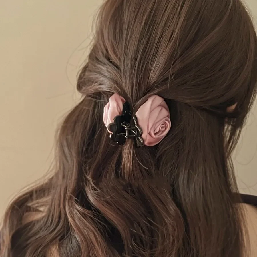 Garra elegante de cabelo rosa flor para mulheres, clipe de tubarão cabeça traseira, aperto pequeno, clipe solto, grampos de cabelo doce, estilo francês, 5cm