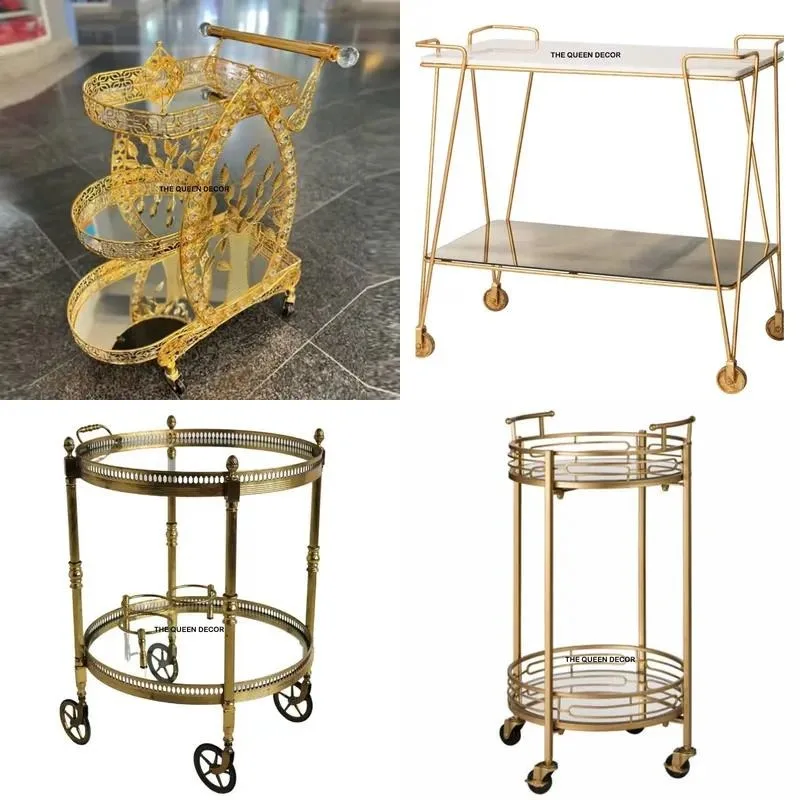 Luxury Metal Bar Cart with Glass Shelves for Wine Tea Food Service Beverage Trolley for Hotel Wedding Party Home Catering