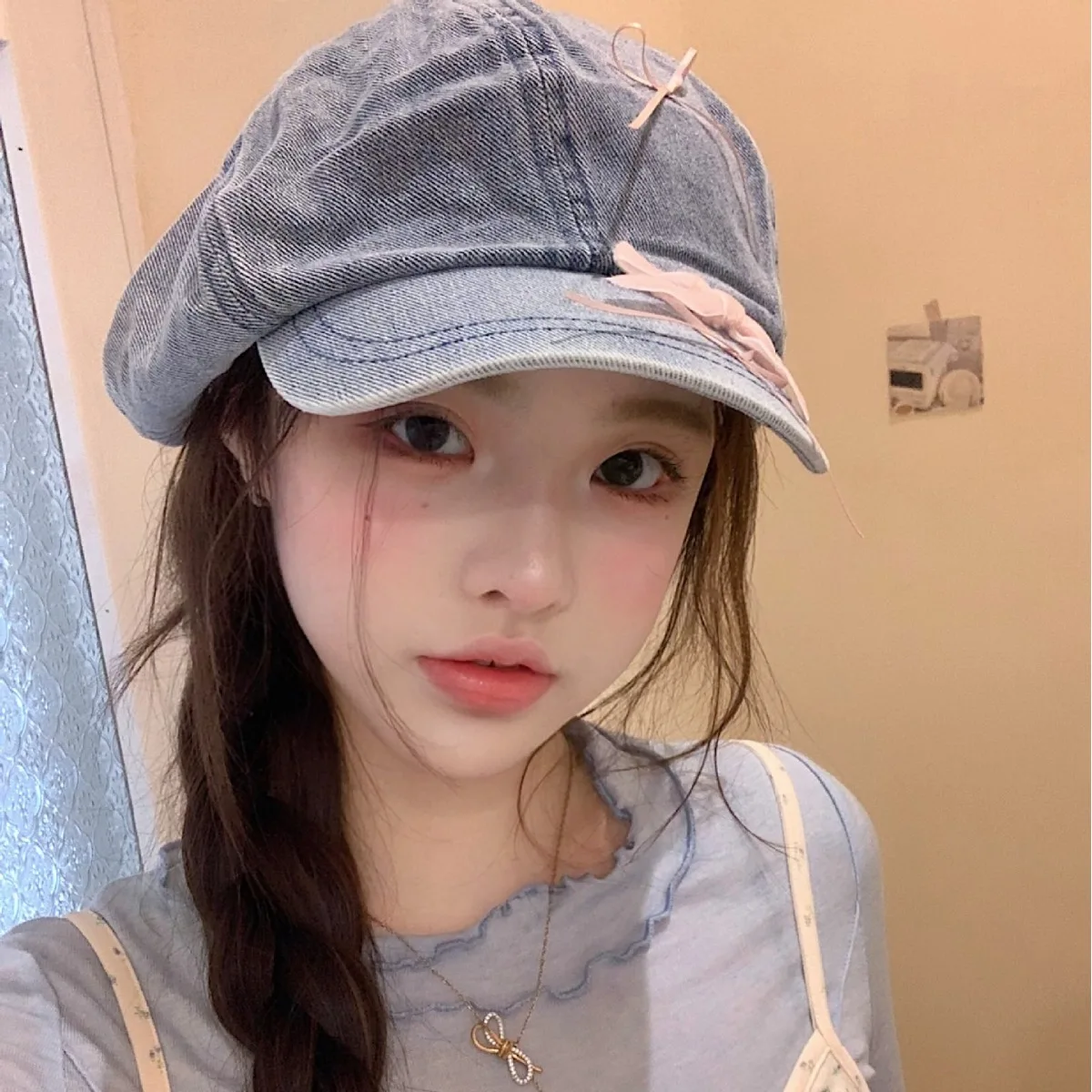 Ladies' Berets Korean Denim Bow Cute Sweet Kawaii Simple Verstaile Newsboy Caps High-quality Luxury Brand Artist Hats For Girl