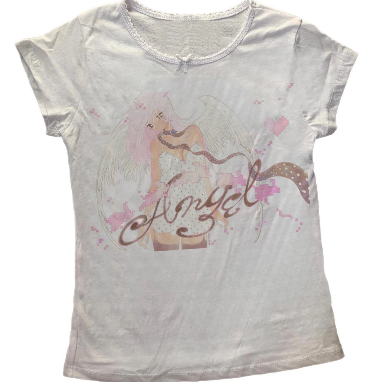 Pastel Kawaii Angel Wing Graphic Long Sleeve Tee Vintage Pixel Aesthetic Anime Letter Print Ladies Slim Top