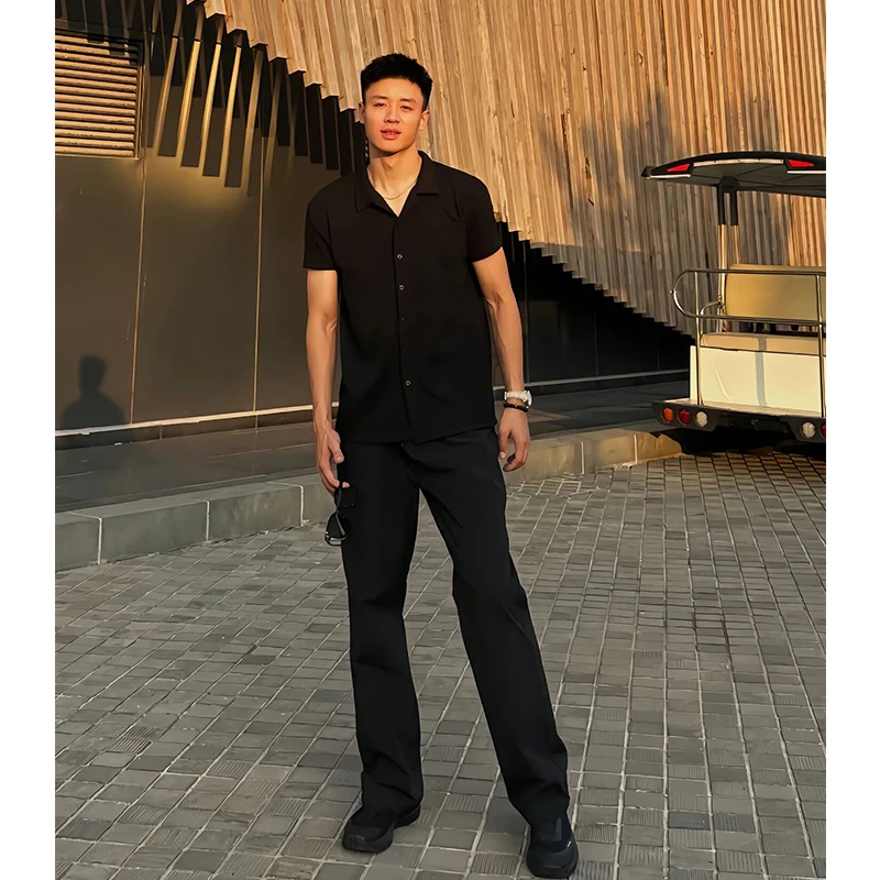 

Bla Ice Silk irt Men's ort Sve Summer Thin Lightweight Loose Fit Youth Trendy f Sve Cleanfit Drapey irt