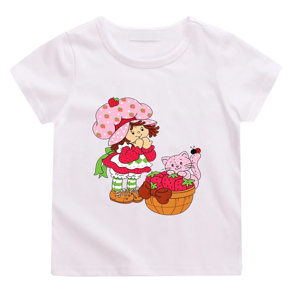 100% Cotton Strawberry Shortcake Children's T-Shirt Retro Anime Print Tees Cute Short Sleeved Casual O-Neck Kids Tops  Camisetas