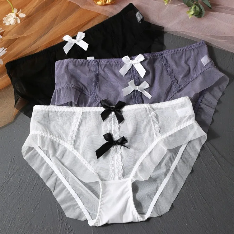 Date Night Panties Briefs Underpants Sheer Lace Mid Rise Briefs with Double Bows Size 60-100kg Mesh Seduction underwear sexy