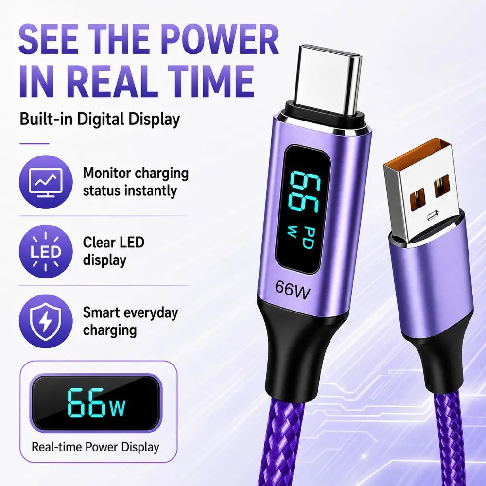 66W USB-A to USB-C Cable Real-Time Display 3A Braided Charging Line Nylon Braided Data Transfer Digital Display Cord