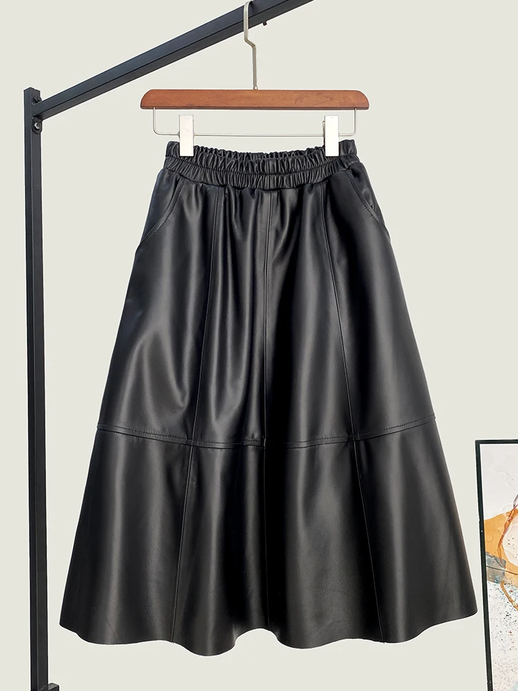 Spring New High Quality Genuine Real Leather Skirt Women's Fashion All-Matching Long Loose Large Swing