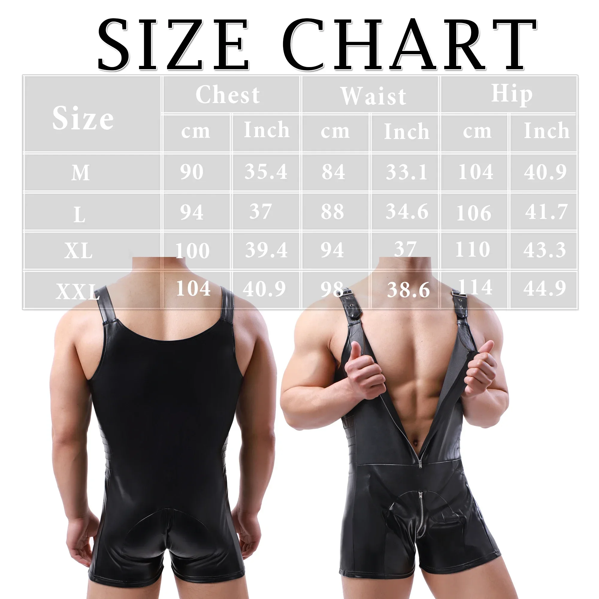 Men's Faux Leather Adjustable Suspender Bodysuit Sexy Zipper Bulge Pouch Rompers One Pieces Underwear Wrestling Singlet Jumpsuit