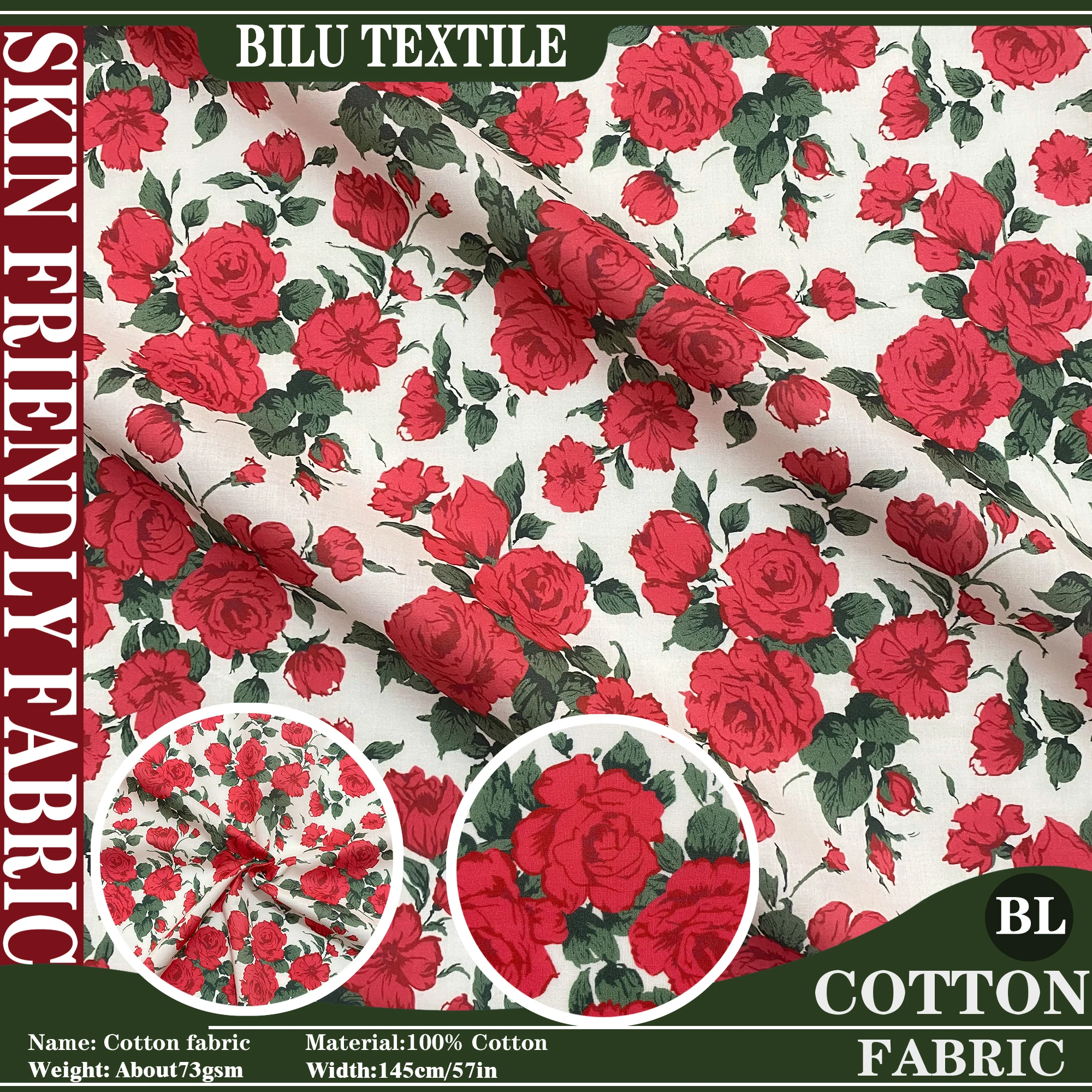 

1/5M 100% Poplin Digital Printing 80S Like Liberty Carline Rose tana lawn cotton fabric Sewing Dress Clothing Handmade DIY Cloth