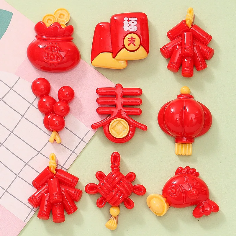 New Year Red Firecracker Resin Cabochons Flatback for Hairpin Accessory 20pcs Vintage Chinese New Spring Embellishments Charm