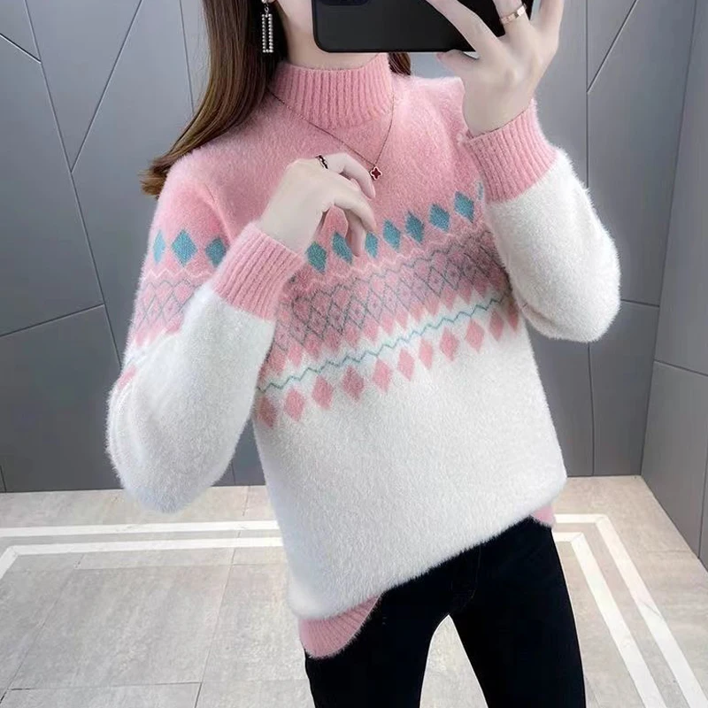 Sweater Korea lengan panjang wanita, atasan Pullover lengan panjang kerah setengah tinggi kasual rajutan hangat warna kontras musim gugur dan dingin