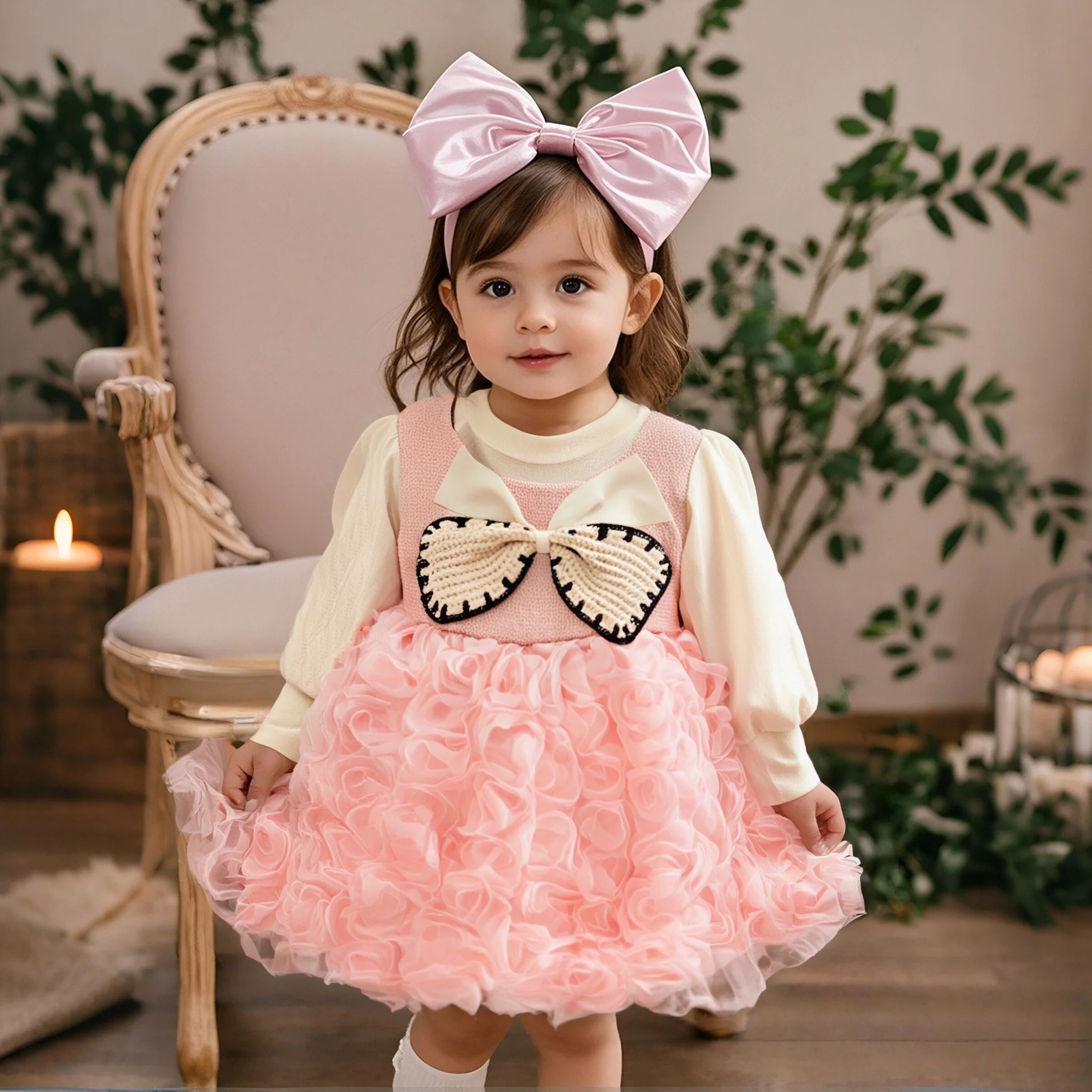 

Girls Dress Autumn New Long Sleeved Baby Dress Solid Color Imitation Two Piece Mesh 3d Flower Bow Clothes Girl