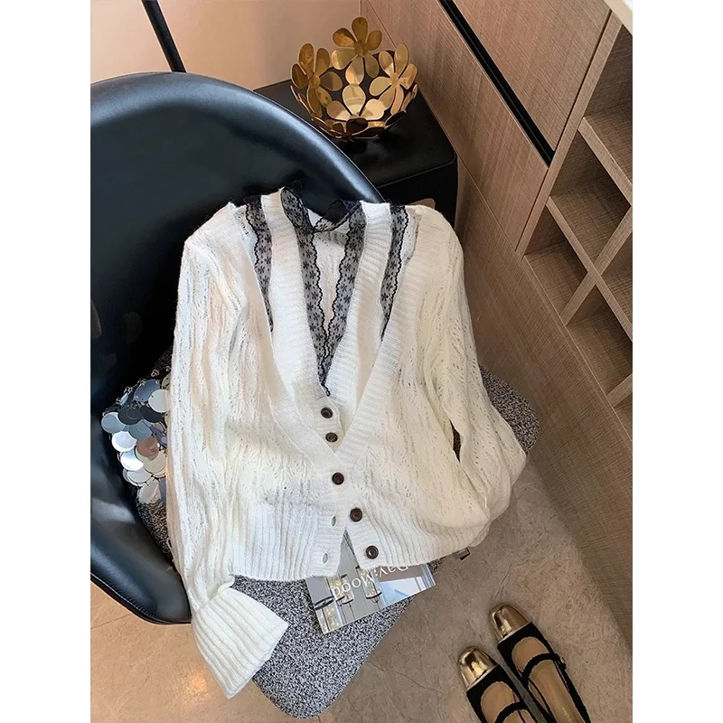 

Кружевной вязаный свитер, женский свободный повседневный нежный свитер из двух предметов, осеннее новое поступление, антивозрастной свитер, качественная ткань