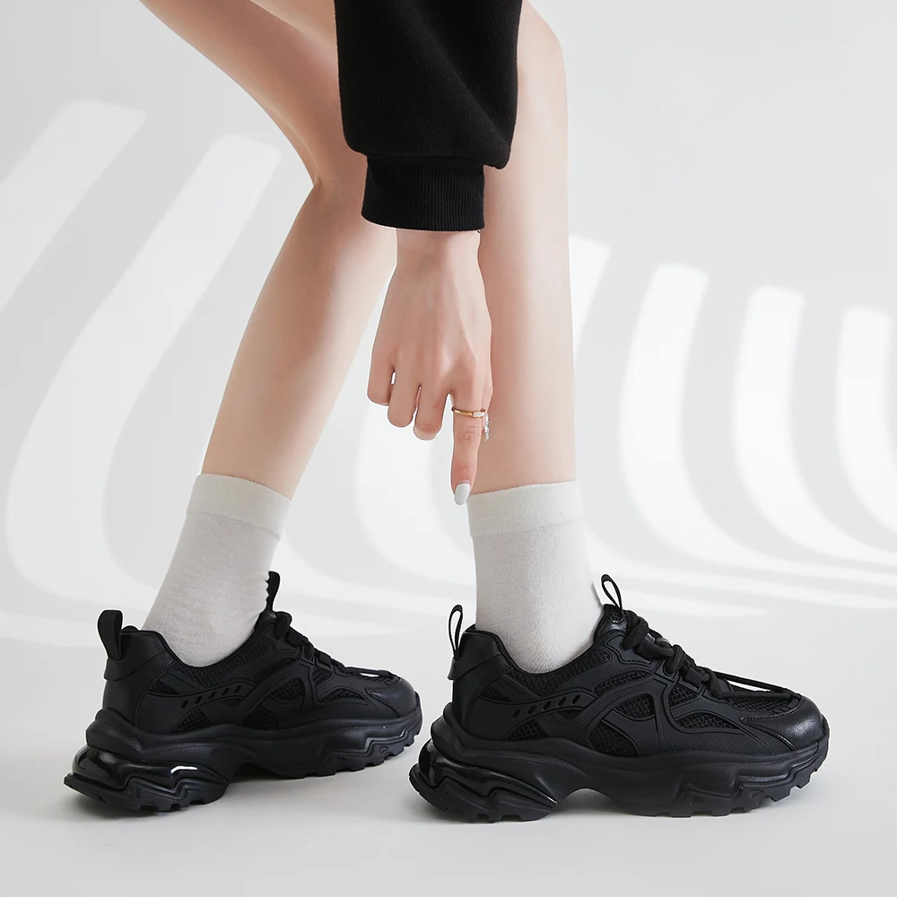 SOMILISS Women Platform Chunky Sneakers Genuine Leather Mesh Lace Up Round Toe Breathable Ladies Casual Sneaker Shoes Handmade