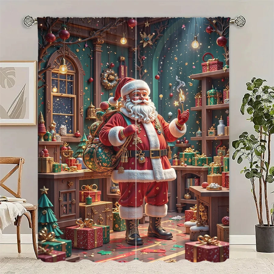 2PCS- Christmas Santa Claus Christmas tree pattern printed curtains, Christmas decorations, home decorations, room decorations