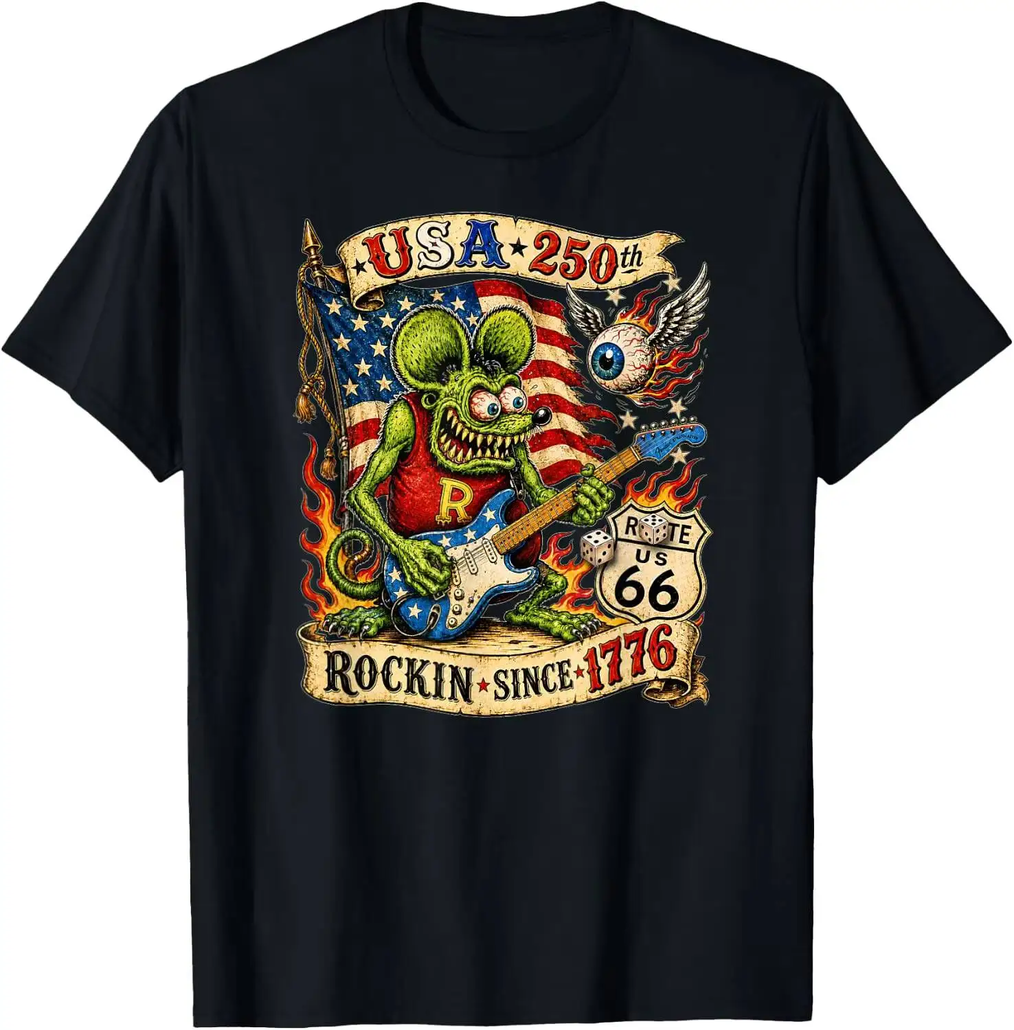 USA 250 Rat Fink Roote Guitar Music Highway 66 Vintage Retro T-Shirt Summer Short-Sleeved Breathable Sweat-Wicking Versatile