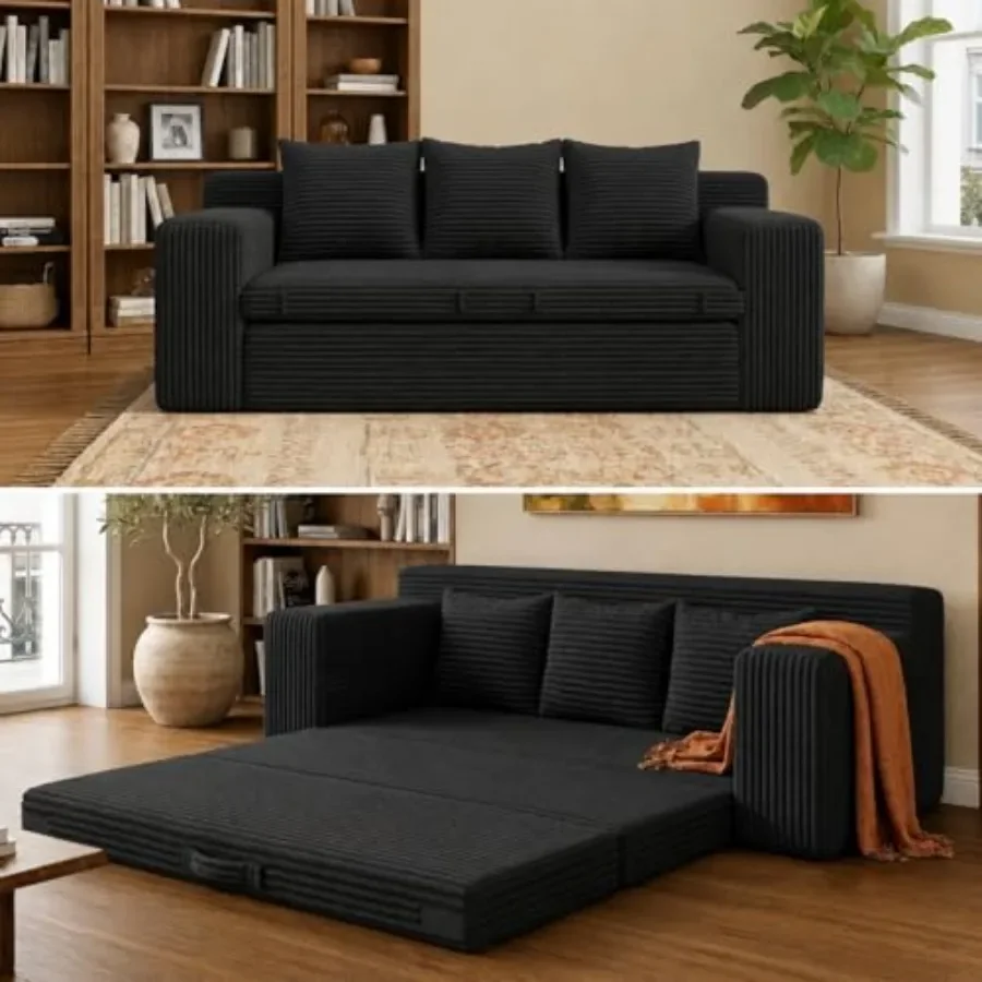 Boneless Couch Sofa Bed for small space, living room bedroom; polyester fabric, gray; tri-folding convertible futon sleeper wit