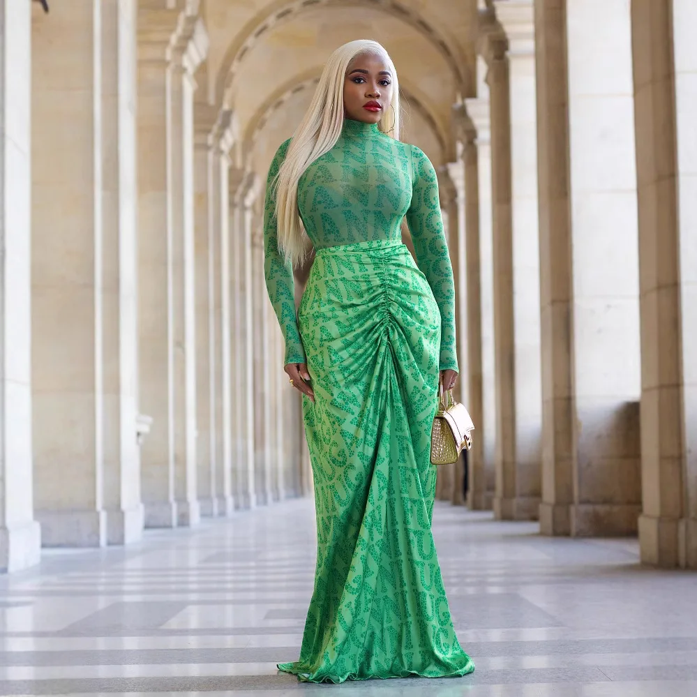 세 자매 가을 겨울 신상 우아하고 고급스러운 생일 파티 휴일 프롬 슬림핏 투피스 세트 여성 의상 롱 드레스