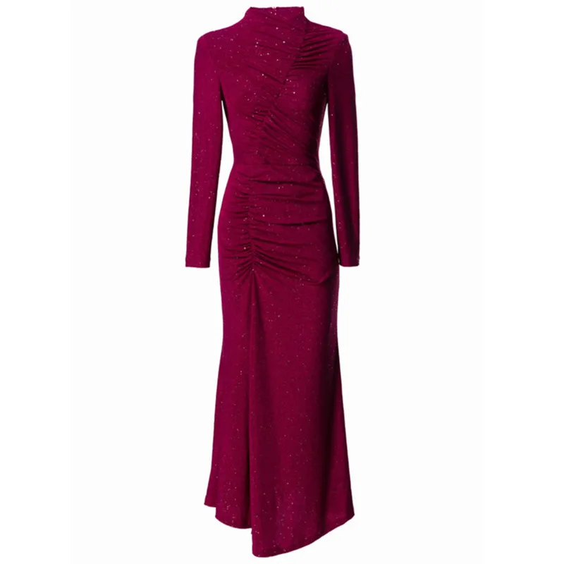 QMQA Fashion Women's Evening Dress O Neck Sequin Folds Asymmetric Slim  Mid-calf Fish Tail Dress 2025 New Spring Clothing 1A719 - AliExpress  200000345
