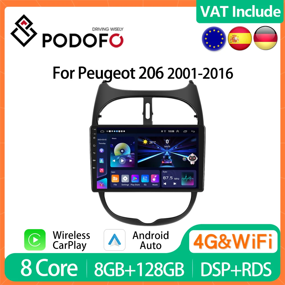 Podofo 9 "راديو السيارة اللاسلكي CarPlay راديو أندرويد لبيجو 206 206CC سيتروين C2 2002-2010 الوسائط المتعددة جهاز استقبال GPS Autoradio #1