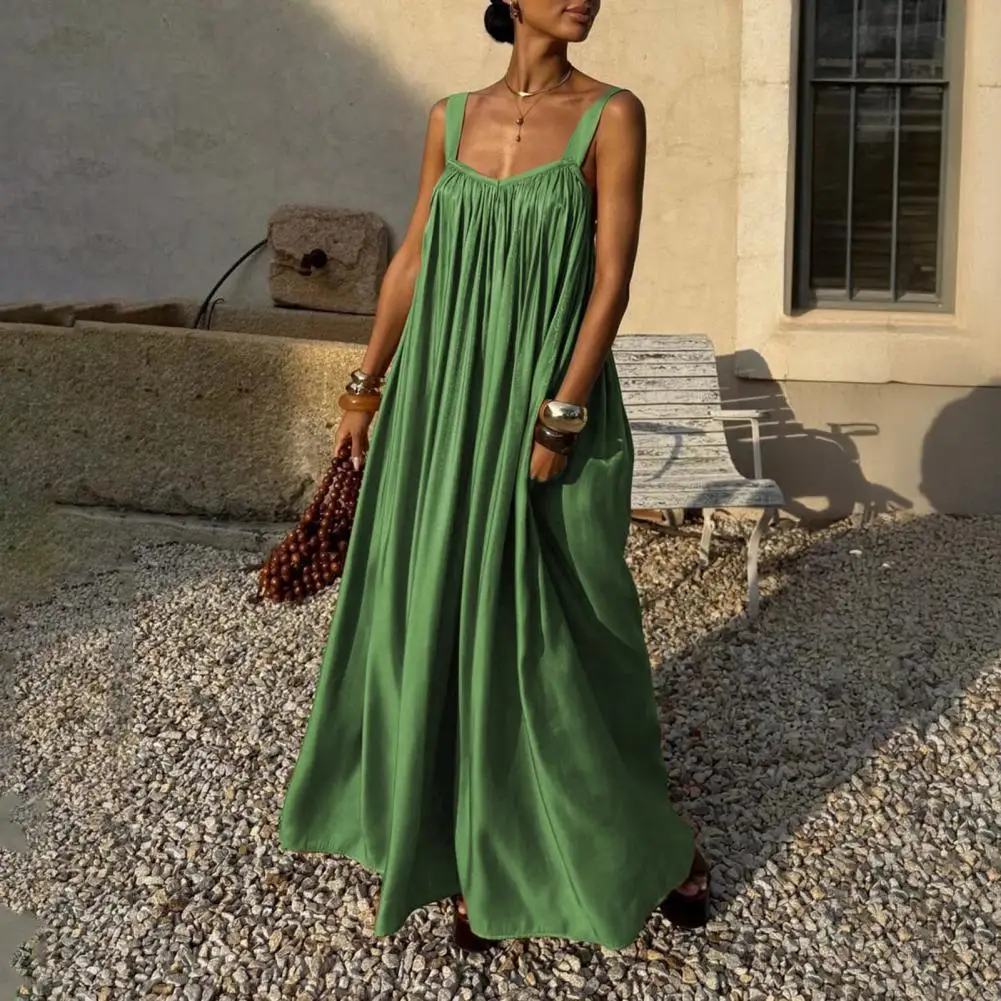 

Comfortable Women Summer Dress Sleeveless Spaghetti Strap Pleated Maxi Dress Beach Vacation Loose Silhouette Sundress