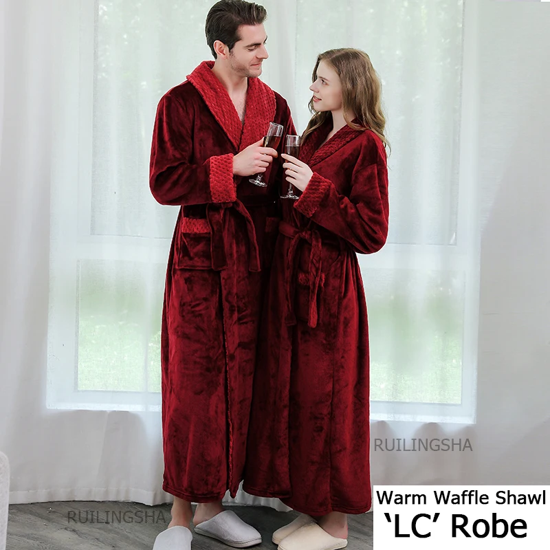 Lovers Plus Size Hooded Extra Long Warm Bathrobe Thick Flannel Men Women Winter Bath Robe Cozy Coral Fleece Dressing Gown Spa