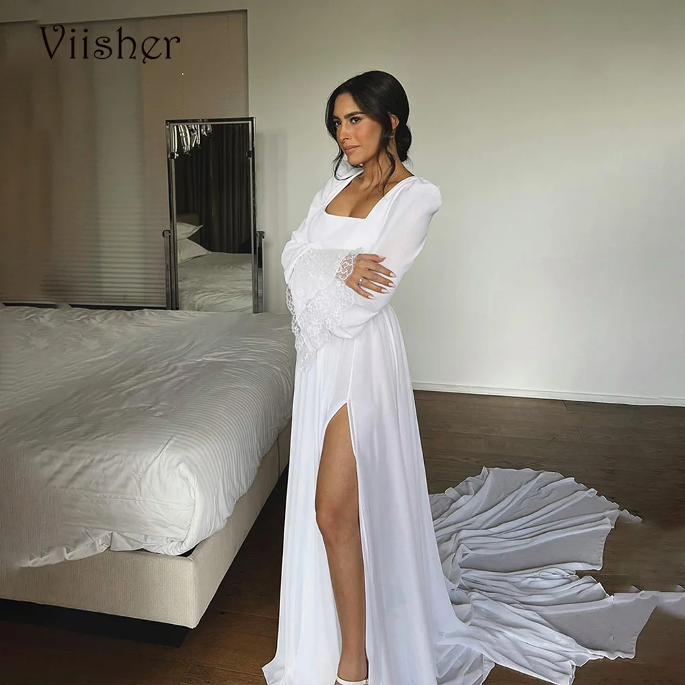 

Viisher White Wedding Dresses Lace Long Sleeve Pleats Chiffon Side Split Bridesmaid Dress Elegant Civil Wedding Bridal Gowns