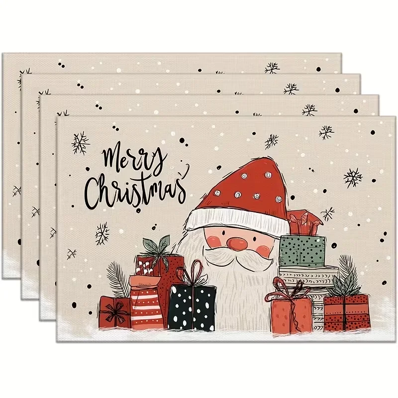 Merry Christmas Santa Gift Placemat Stain-resistant Table Mat Vintage Hand‑drawn Xmas Snowflake Dining Pad for Kitchen