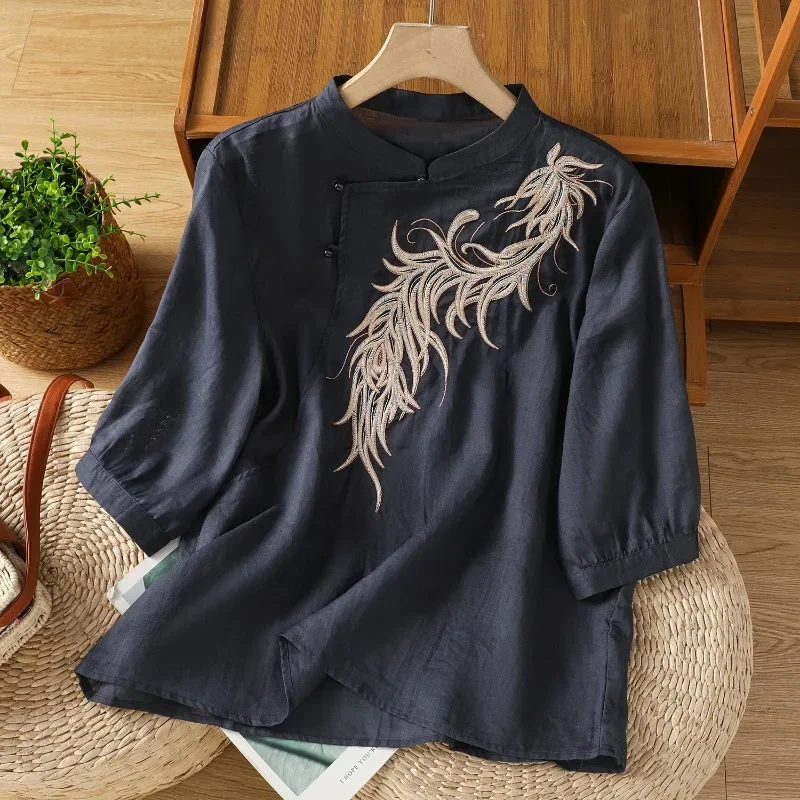 

Chinese Style Women's Blouses Embroidery Shirts Fashion Loose Summer Clothing Short Sleeve Korean Cotton Linen Women Tops