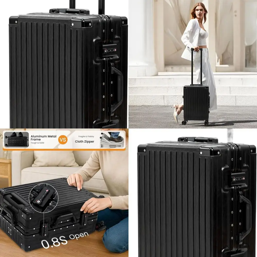 24 Medium Spinner Luggage, Aluminum Frame, TSA Lock, PC Hard Shell, Black