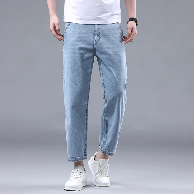 

New Summer 95% Cotton Straight Thin Jeans for Men Classic Style Stretch Soft Fabric Light Blue Denim Ankle-Length Pants Male