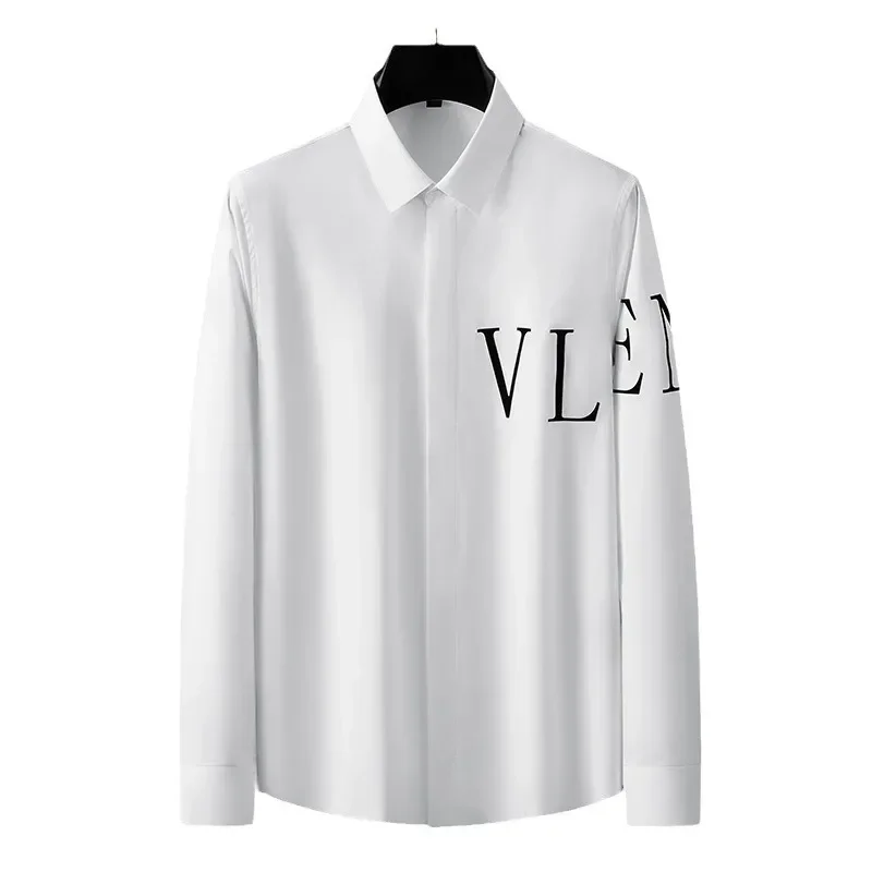 Brand Letter Flocking Long Sleeved Shirts Men Slim Fit Casual Business Dress Shirts High Quality Social Party Banquet Tops 2024
