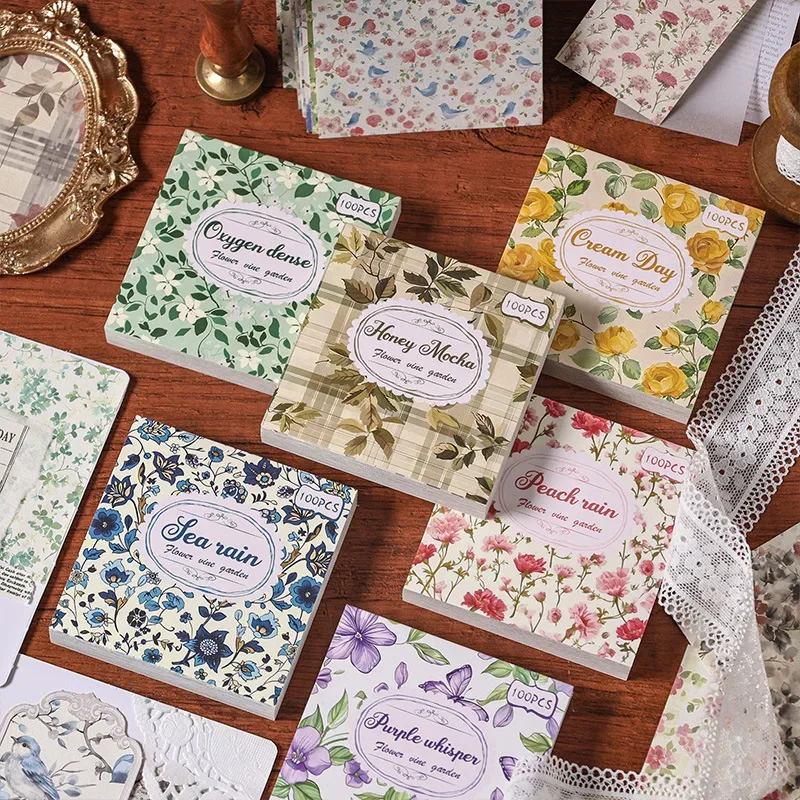 6 Styles, Each with 100 Sheets, Retro Style Plant and Flower Material Paper DIY Hand Account Decoration Base Paper