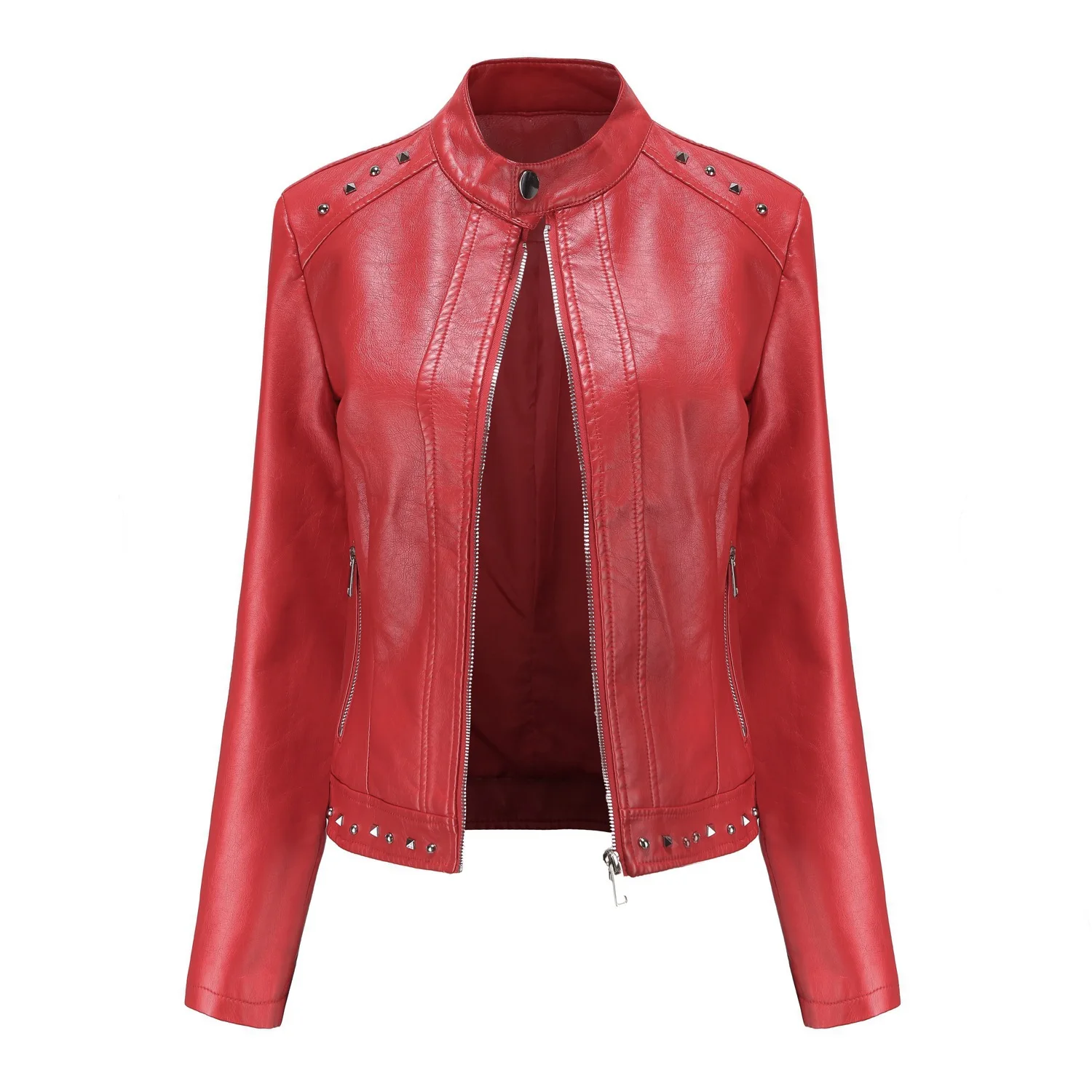 New Spring Autumn Women's Rivet Fashion Stand-Up Collar Solid Color Casual Leather Jacket