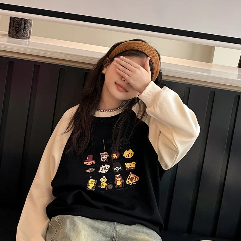 Spring Autumn Girls Cotton Contrast Cartoon Alphabet Basic Sweatshirt School Kids Track Pullover Tops Child Work Jumper 5-16Yrs