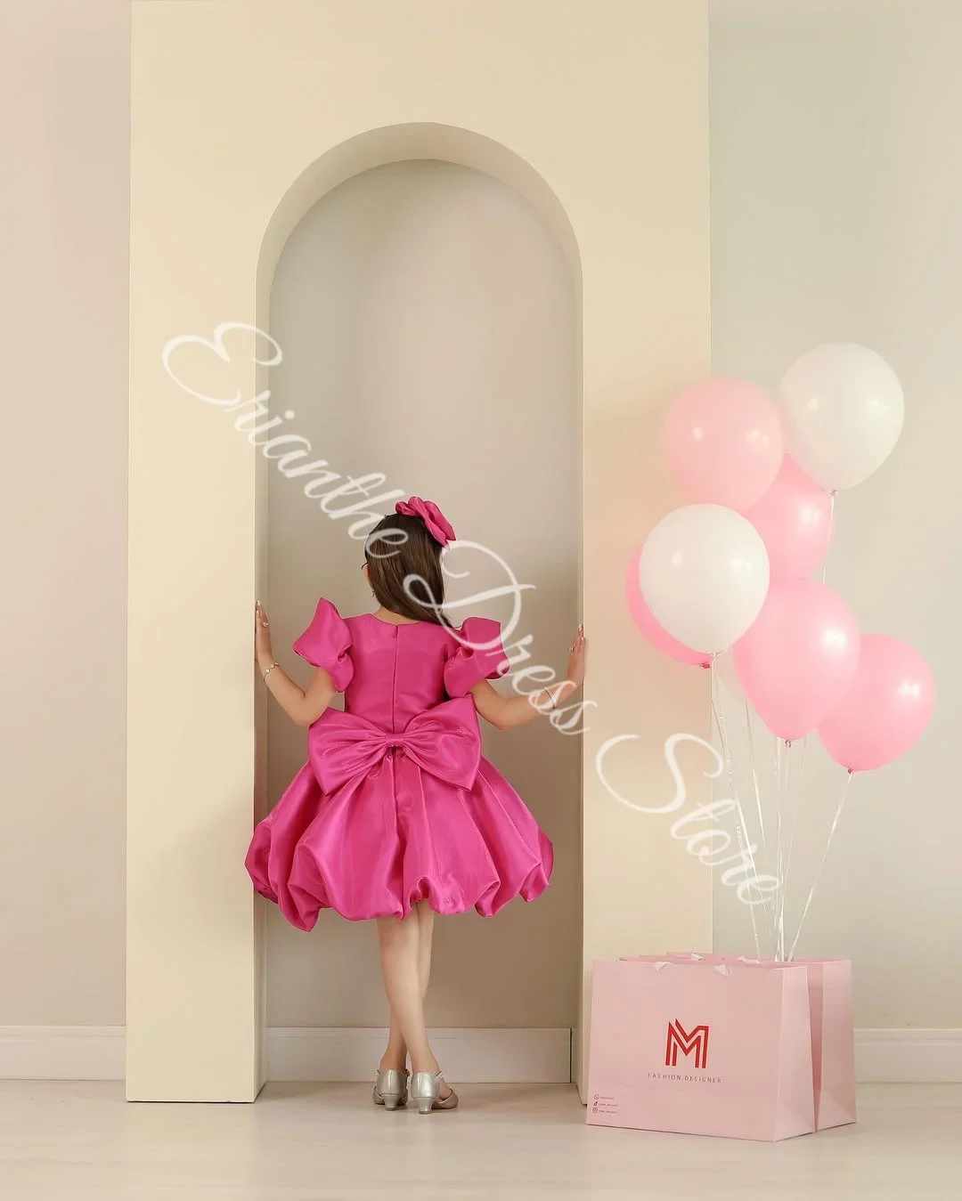 Rose Red Satin Flower Girl Dress for Wedding Short Sleeve with Bow Kids Birthday Party First Communion Ball Gowns Customized