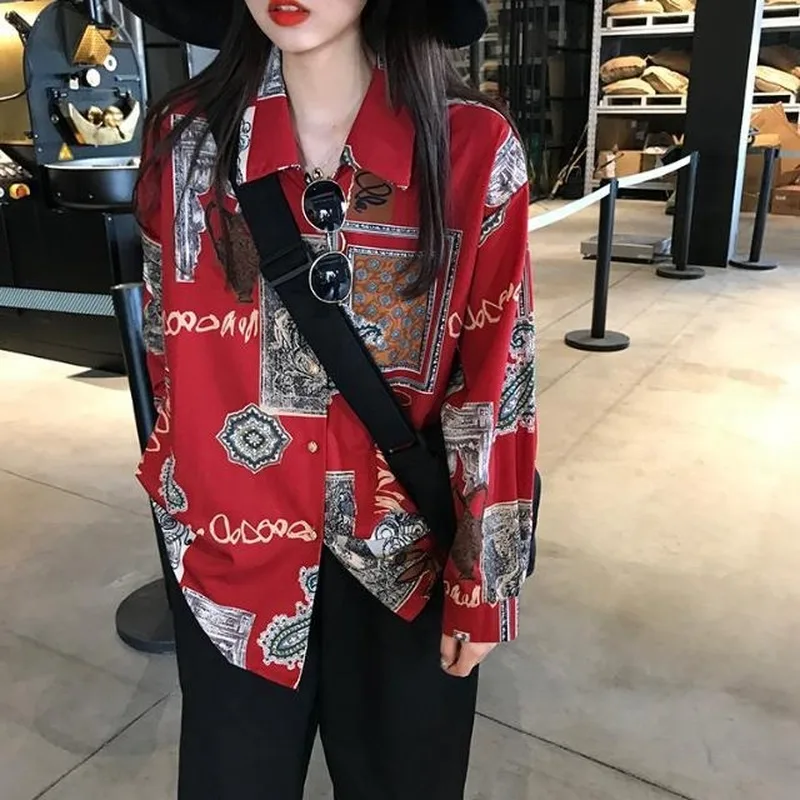 Blouses Shirts Women Long Sleeve Print Ulzzang Cat Turn-down Collar Students Designed Womens Korean Style with Buttons Chiffon