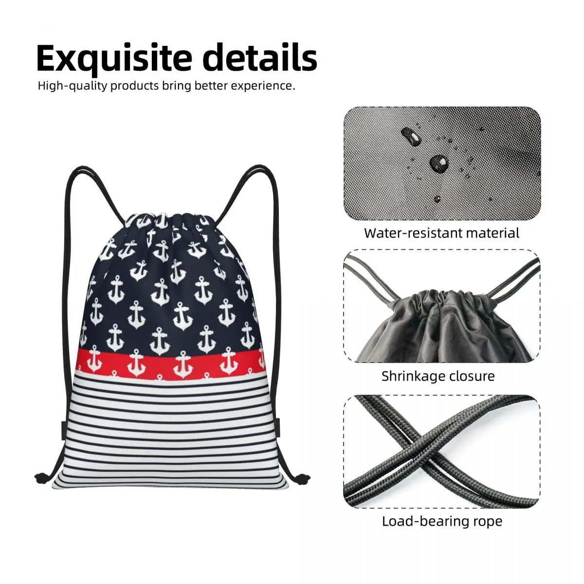 Custom Anchor Texture Drawstring Bags for Training Yoga Backpacks Men Women Nautical Sailor Sea Style Sports Gym Sackpack