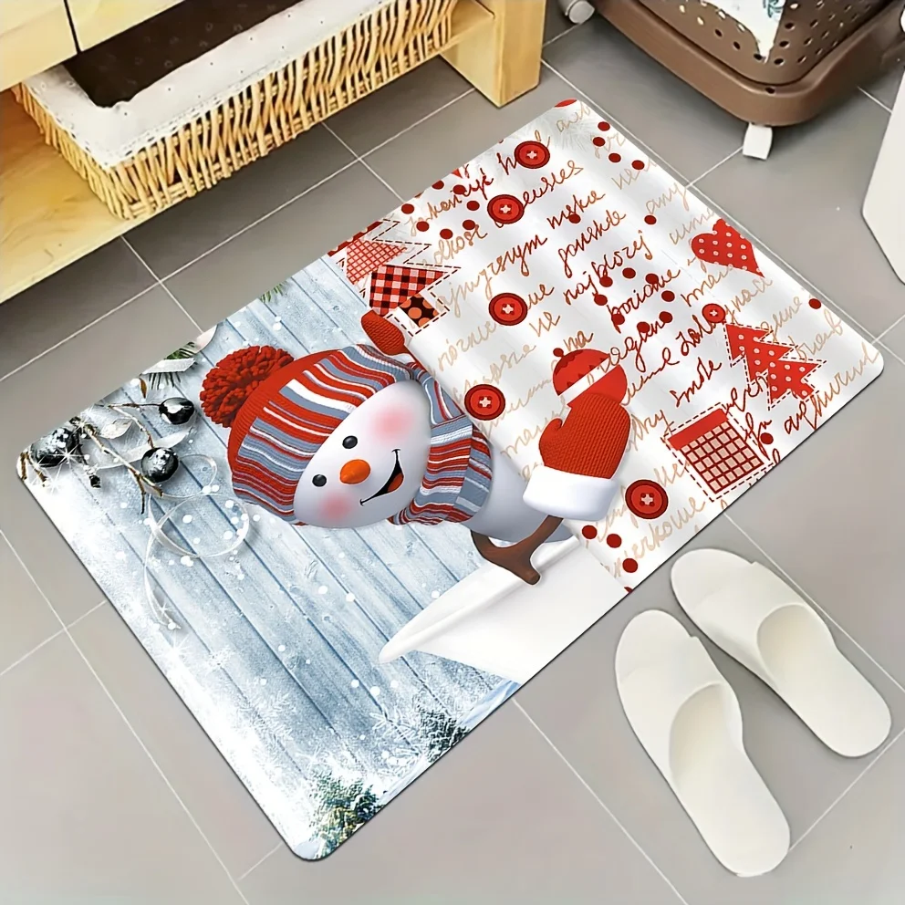 1pc Red‑Glove‑Hat‑Snowman‑Pattern Rectangular Area Rug, Indoor & Outdoor Floor Mat for Bathroom, Living Room, Bedroom, Kitchen