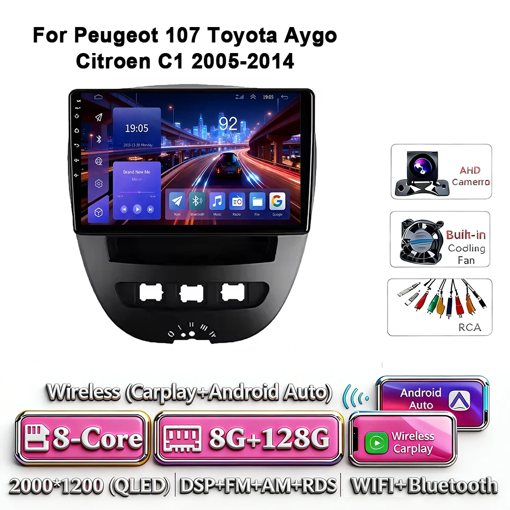 Android 17 Carplay Auto 4G WIFI autoradio voor Peugeot 107 Toyota Aygo Citroen C1 2005-2014 GPS BT DSP touchscreen multimedia