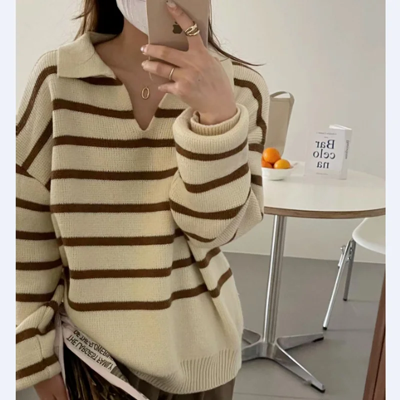 Classic retro casual striped pullover sweater  knitted pullover women autumn and winter new loose long sleeve wind top women